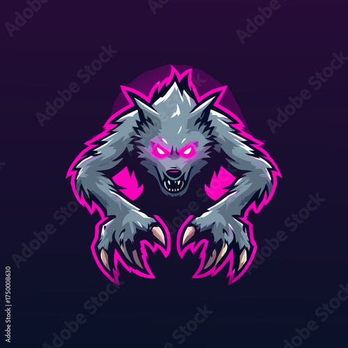 Aggressive Wolf Mascot Logo with Glowing Pink Eyes and Sharp Claws, Ideal for Esports Gaming Team and Fantasy Graphic Design