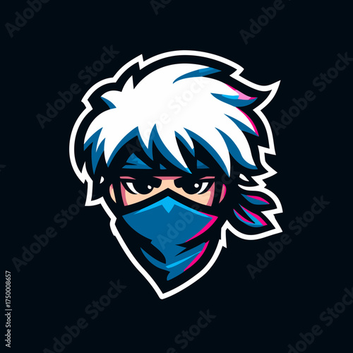 Cool anime-style ninja character head with spiky hair and blue mask. Vibrant esports gamer avatar mascot illustration.