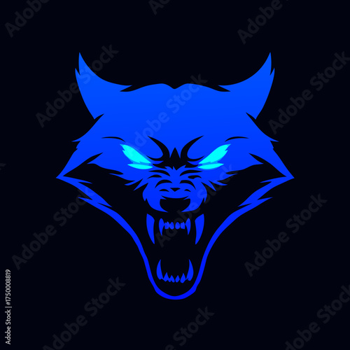 Fierce blue wolf head illustration with glowing eyes and bared fangs on a dark background. Aggressive snarling wild animal logo concept.