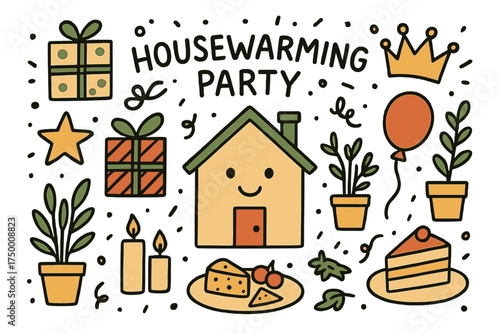 Housewarming Party Icons. Housewarming party doodle icon set: hand drawn icons of house with smile, gifts, crown, star, balloon,