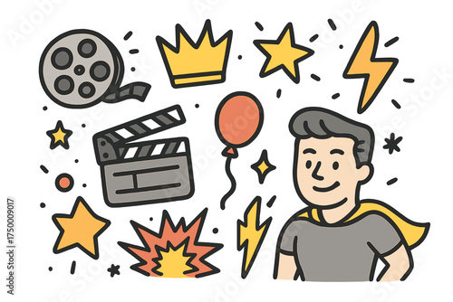 Action Movie Doodles. Action movie doodle icon set: hand drawn icons of film reel, clapperboard, crown, star, balloon, lightning,