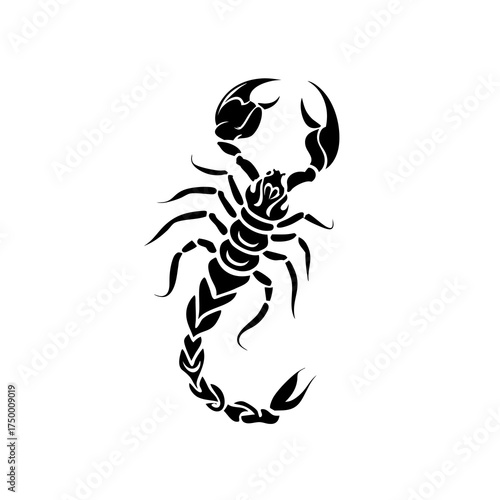 Detailed black scorpion silhouette illustration, isolated on white. Vector graphic icon for tattoo, logo, design element.