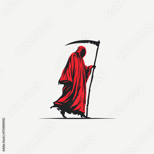 Mysterious Grim Reaper figure in a flowing red hooded cloak holding a large scythe, symbolizing death and dark concepts.
