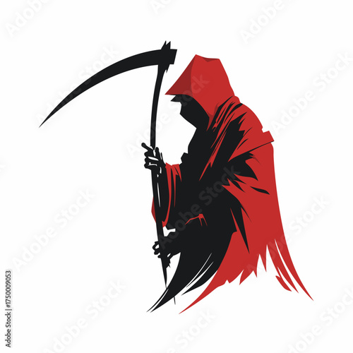 Mysterious hooded figure of death with a large scythe, a chilling symbol of mortality, fear, and the unknown, on white background.