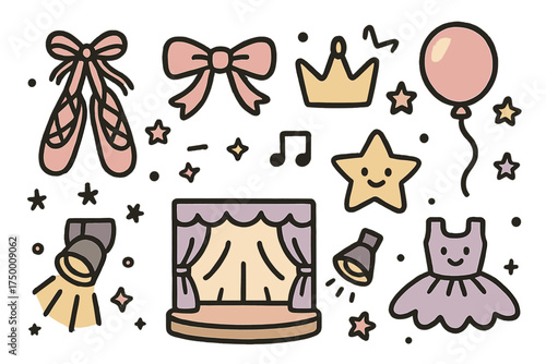 Dance Icon Doodles. Dance doodle icon set: hand drawn icons of shoes, ribbon, crown, star, balloon, stage, spotlight, and tutu