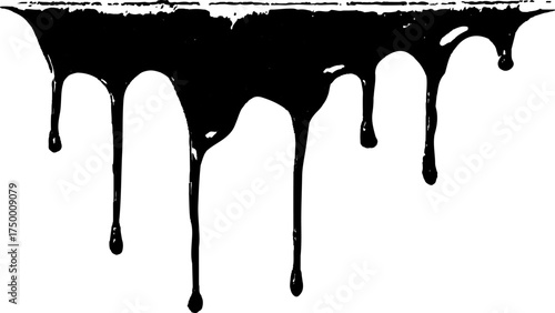 Abstract dripping black paint on white background. Black dripping paint isolated on white background. Dark dripping liquid abstract art. Dark liquid drips downwards, with a glittery, reflective 