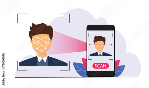Smartphone scans a man face. Biometric identification. Facial recognition system concept. Mobile app for face recognition.