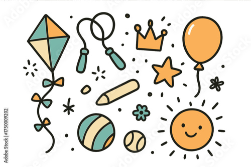 Outdoor Play Icons. Outdoor play doodle icon set: hand drawn icons of kite, skipping rope, crown, star, balloon, chalk, ball, and