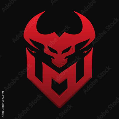 Powerful red horned monster head and letter M emblem logo on black background. Aggressive, dark, mysterious vector icon design.