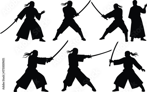 Japanese sword silhouette, martial arts stance, katana combat pose, traditional warrior, kenjutsu technique, samurai training, dynamic motion, discipline