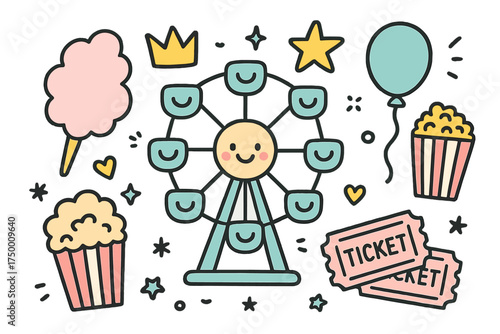 Kids Fair Doodle Icons. Kids fair doodle icon set: hand drawn icons of ferris wheel with smile, cotton candy, crown, star, balloon