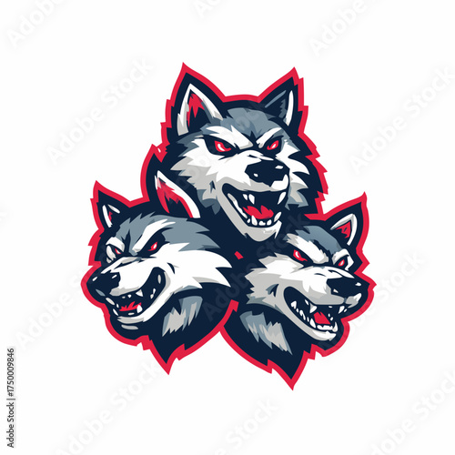 Triple alpha wolf pack mascot emblem with fierce expression and glowing eyes, a symbol of power, strength, and wild spirit