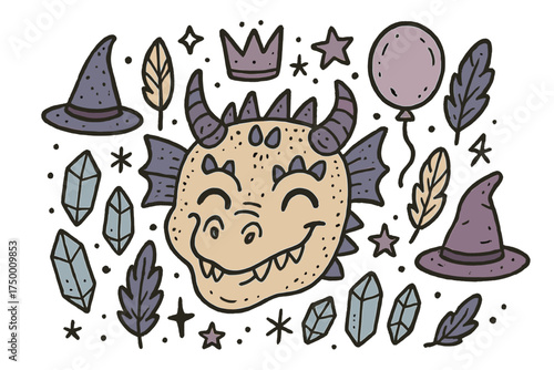Whimsical Dragon Masquerade. Fantasy masquerade illustration doodle style: hand drawn dragon mask with smile, crown, star, balloon