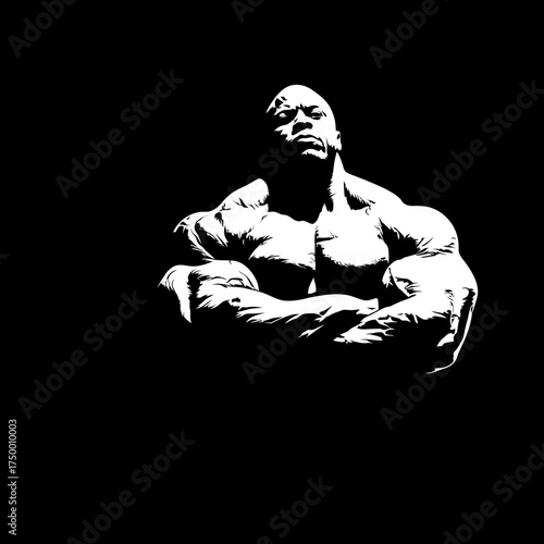 High contrast black and white portrait of a powerful muscular man, showcasing strength, fitness, and a bodybuilder's physique.