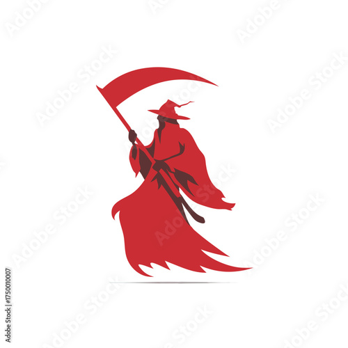 Striking red silhouette of a mysterious hooded figure in a flowing robe holding a large scythe, symbolizing death, danger, and ending.
