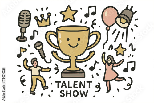 Talent Show Celebration. Talent show illustration doodle style: hand drawn trophy with smile, microphone, crown, star, balloon,