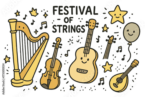 Musical Instruments Festival. Festival of strings illustration doodle style: hand drawn harp with smile, guitar, crown, star,