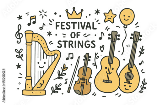 Musical Instruments Festival. Festival of strings illustration doodle style: hand drawn harp with smile, guitar, crown, star,