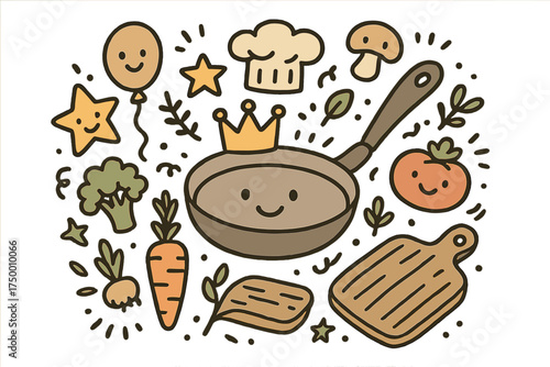 Whimsical Cooking Doodle. Cooking show illustration doodle style: hand drawn pan with smile, crown, star, balloon, vegetables, hat