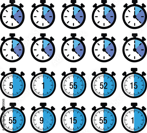 Timer Clock and Stopwatch Icon Set with Countdown, Sports Timing, Cooking Labels and Time Interval Symbols in Vector Style