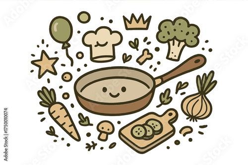 Whimsical Cooking Doodle. Cooking show illustration doodle style: hand drawn pan with smile, crown, star, balloon, vegetables, hat