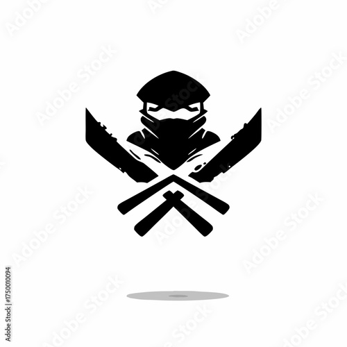 Black and white stealthy ninja warrior icon with crossed swords and knives. Graphic vector illustration of combat assassin.