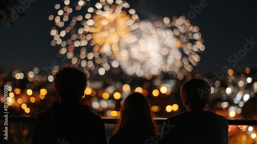 Silhouettes of Friends Watching Colorful Fireworks Display Over a City at Night