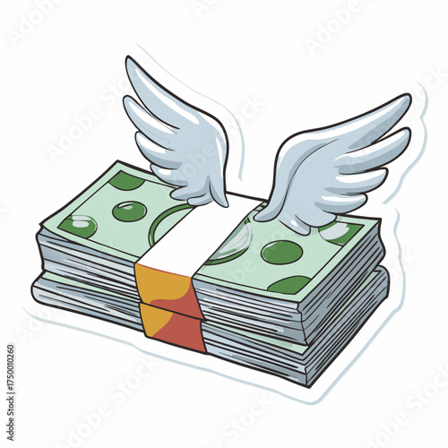 Flying money stack illustration, green currency bills with wings, financial loss, expenses, savings, freedom concept vector