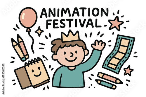 Animation Festival Doodle. Animation festival illustration doodle style: hand drawn cartoon character with smile, crown, star,