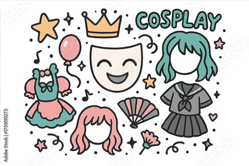 Cartoon Cosplay Fun. Cartoon cosplay illustration doodle style: hand drawn anime mask with smile, crown, star, balloon, costumes,