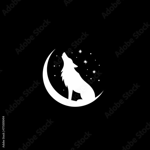 White wolf howling silhouette on crescent moon with stars against black background, nocturnal animal design, minimalist celestial concept