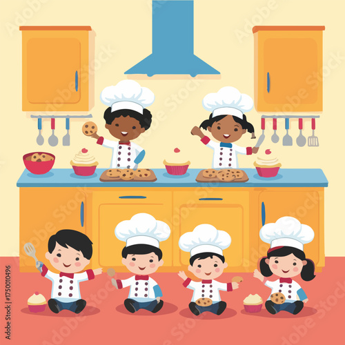 Flat solid color vector for International Chefs Day showing global chefs unity, robot chef, kids cooking, culinary creativity, teamwork & celebration