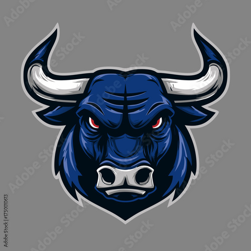 Aggressive blue bull head mascot illustration with sharp white horns and fierce red eyes, depicting strength and wild animal spirit.