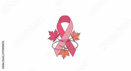 Pink Ribbon Symbol with Maple Leaves for Breast Cancer Awareness Campaign and Charitable Causes in October for Healthcare and Support.