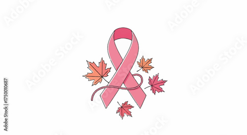 Pink Ribbon and Autumn Leaves Symbolizing Breast Cancer Awareness for Charitable Campaigns and Healthcare Promotions during October Month