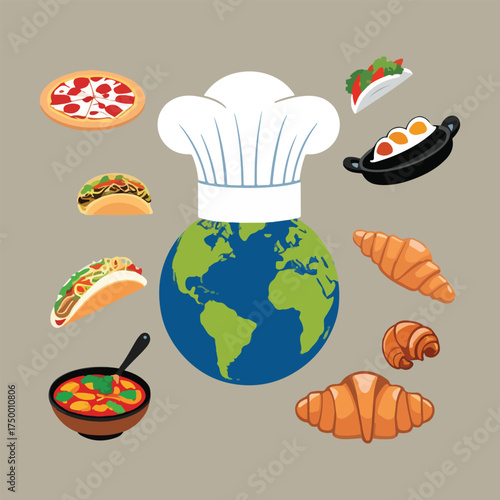 Flat solid color vector for International Chefs Day showing global chefs unity, robot chef, kids cooking, culinary creativity, teamwork & celebration