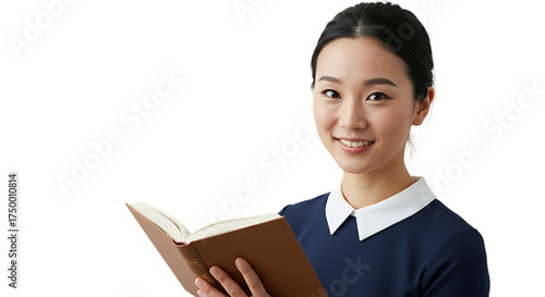 Smiling Asian woman reading a book