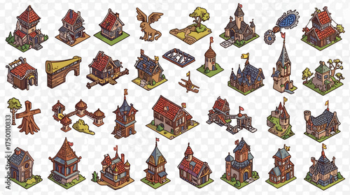 Hand drawn fantasy map icons including town