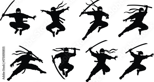Ninja silhouette, katana action pose, martial arts movement, stealth combat, dynamic strike, traditional attire, agility, warrior stance, headband flow