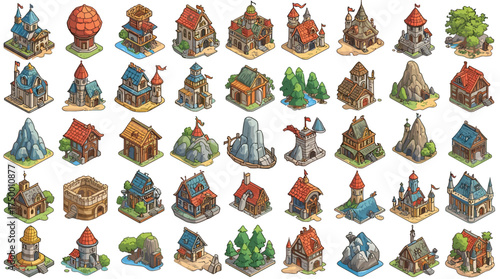 Hand drawn fantasy map icons including town