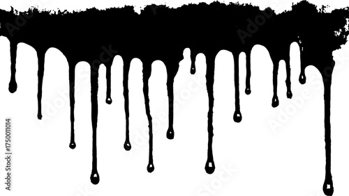 Dripping black ink on a white transparent background. Black paint dripping down against a white background. Close up of paint leaking down white background. 