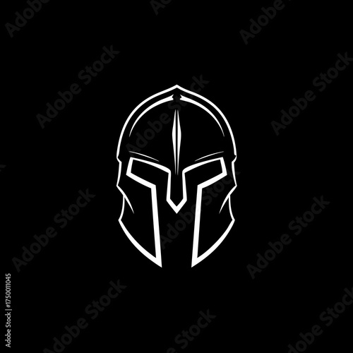 Minimalist warrior helmet vector icon on black background, ancient combat head protection emblem, strength concept illustration