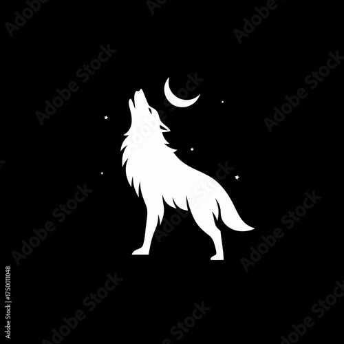 White Wolf Silhouette Howling at Crescent Moon and Stars on Dark Night Sky Background. Wild Animal Vector Graphic Illustration