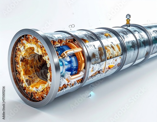 Cross section of severely corroded metal pipe interior showing mineral buildup and internal mechanism
