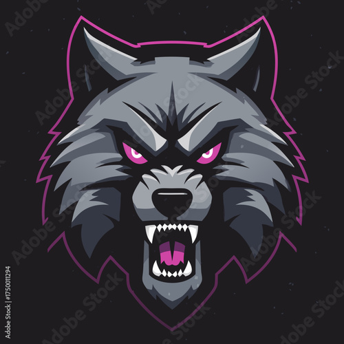 Aggressive gray wolf head e-sports logo illustration with glowing pink eyes, perfect for gaming team mascot, strong graphic design element
