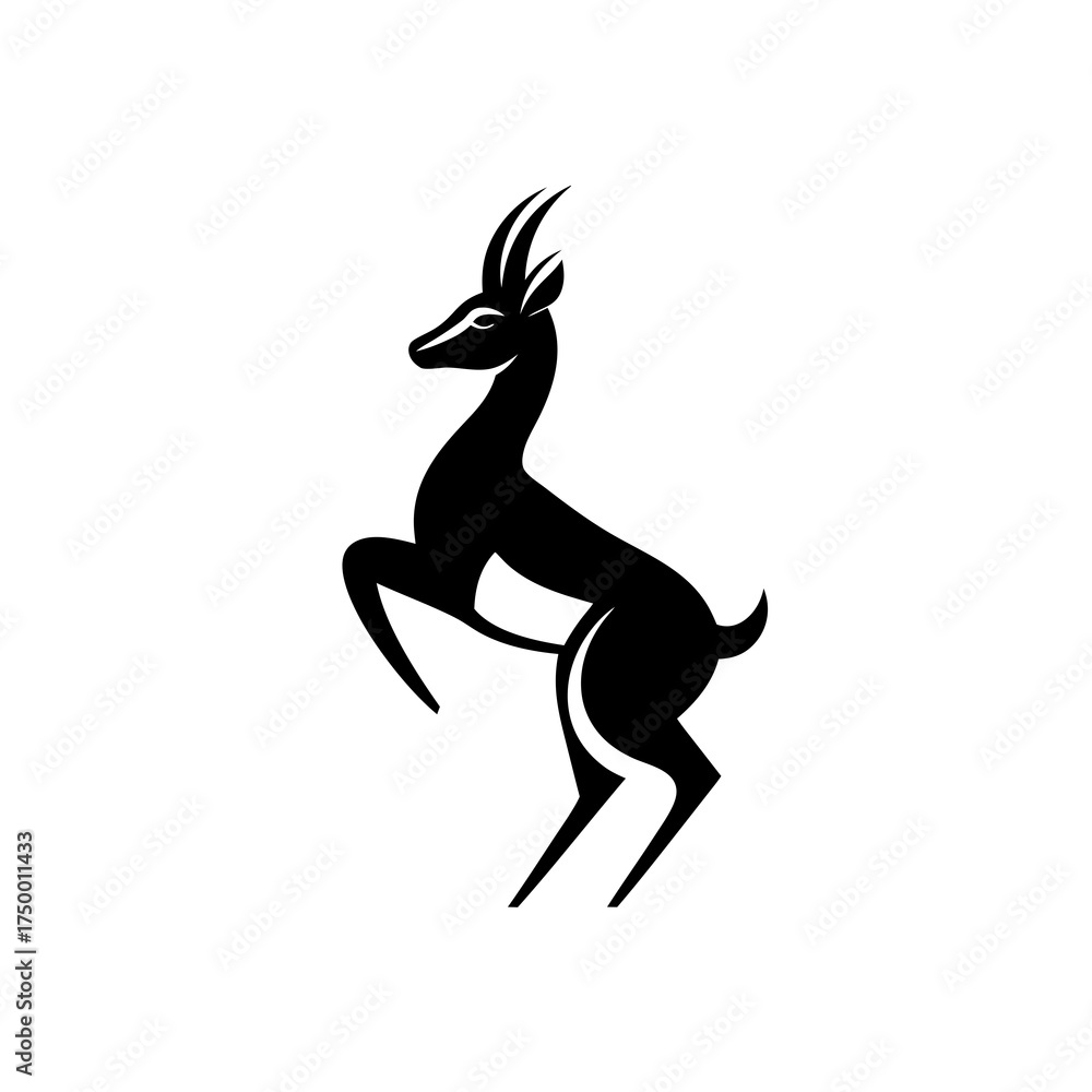 Naklejka premium Elegant Black Gazelle or Antelope Silhouette Standing on Hind Legs - Minimalist Vector Graphic for Wildlife & Nature