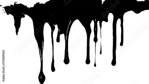 Dripping black ink on a white transparent background. Black paint dripping down against a white background. Close up of paint leaking down white background. 
