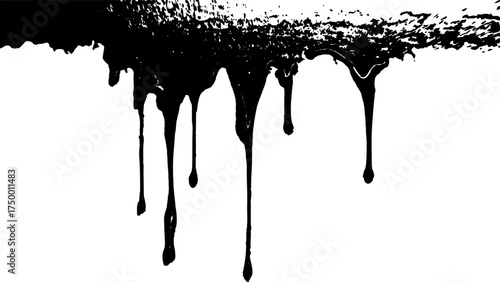 Black dripping paint isolated on white background. Dripping black liquid on white background. Paint dripping from the top of the frame transparent background. 
