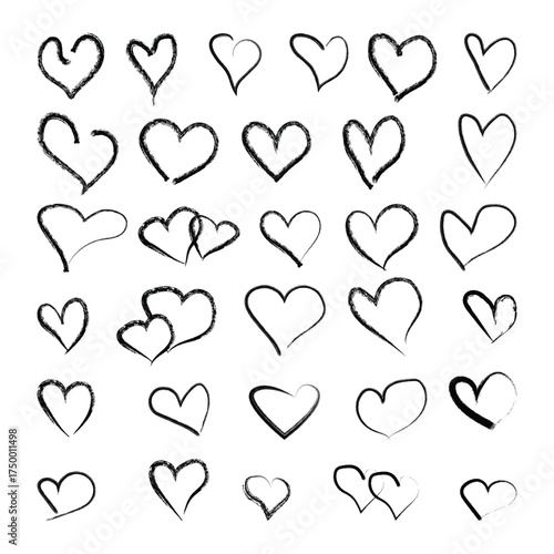Collection of Hand Drawn Black Hearts on White Background Brush Strokes love symbol