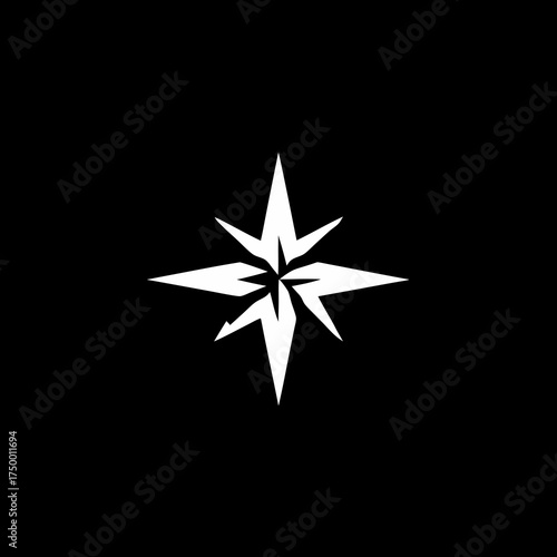 Abstract sharp geometric four-pointed white star symbol on a minimalist black background, modern stylized starburst design